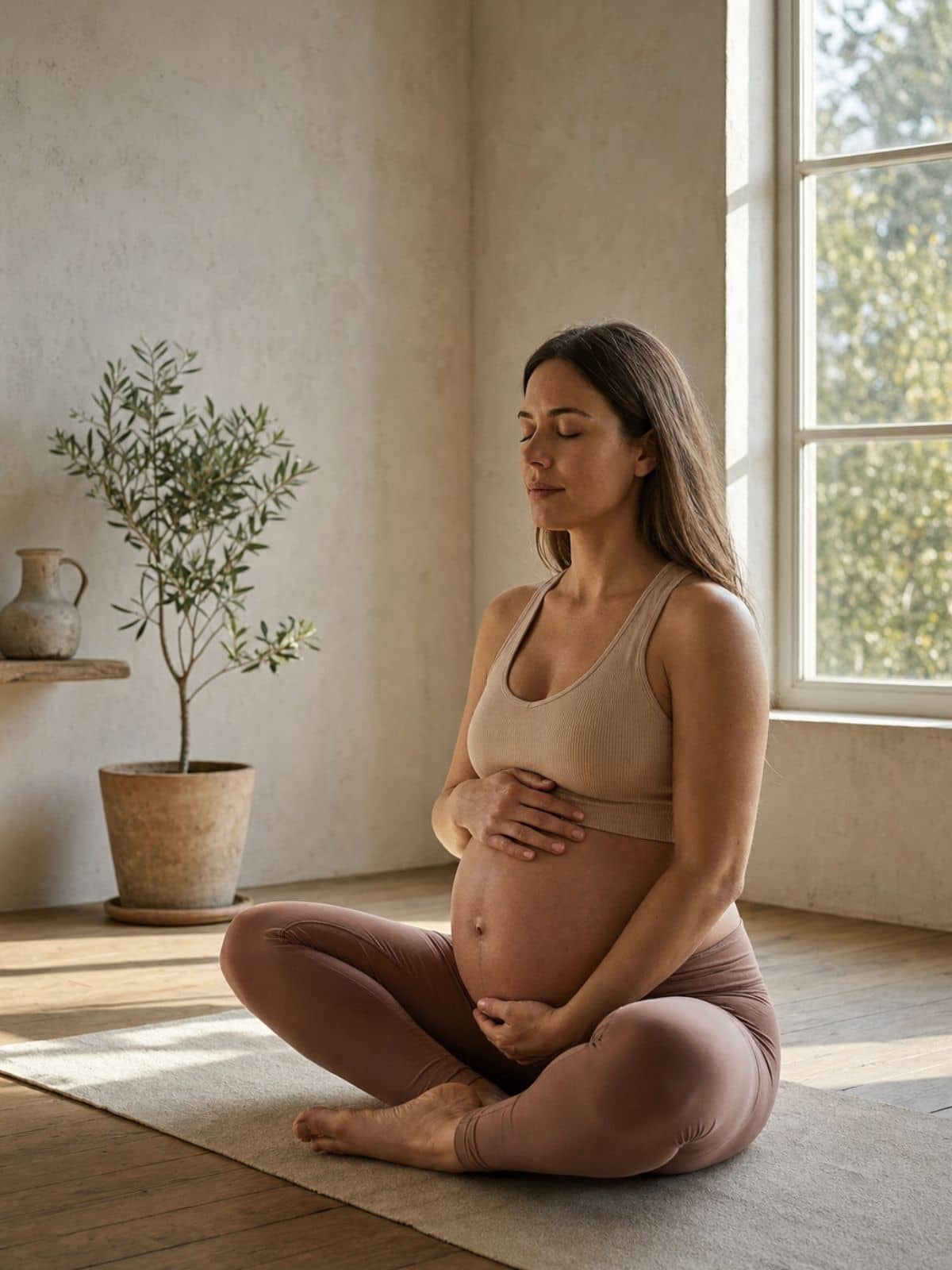 A pregnant woman practicing prenatal yoga in soft, warm light